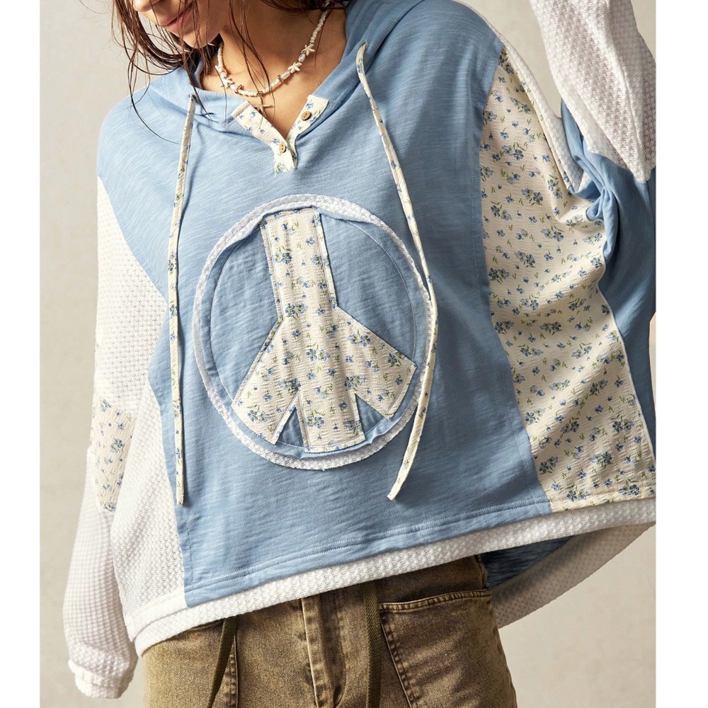 Boho Floral print Peace Patch Color Block Hoodie Top